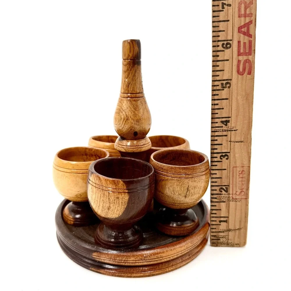 Vintage Hand Turned Wood Shot Glass Set 6 Cups with Round Caddy Tray Brown MCM‎